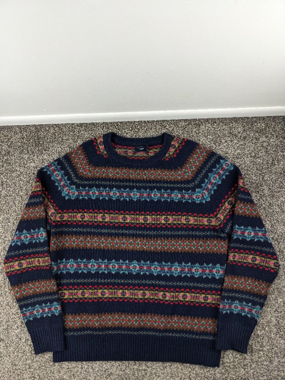 J Crew Sweater Fair Isle 100% Lambswool Crewneck Raglan Pullover Mens Large